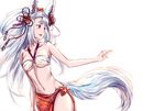  animal_ears bikini blue_eyes breasts cleavage collarbone emoto_reishi erune fox_ears fox_tail granblue_fantasy groin hair_ornament half_updo highres long_hair medium_breasts midriff navel open_mouth sarong simple_background socie_(granblue_fantasy) solo swimsuit tail white_background white_bikini white_hair 