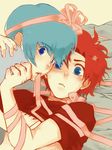  bed blue_eyes blue_hair blush couple fire_emblem marth red_hair ribbon roy short_hair yaoi 