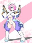  blue_eyes blush breasts center_opening cleavage dual_wielding gloves gun hair_ornament hair_over_one_eye handgun holding holding_gun holding_weapon large_breasts looking_at_viewer navel original phantasy_star phantasy_star_zero pink_hair pistol pointy_ears rei_(holyspirit) short_hair solo trigger_discipline weapon zefirumu 