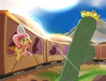  blue_eyes cactus day detailed_background equine feathered_wings feathers female feral fluttershy_(mlp) friendship_is_magic fur hair hooves madacon mammal my_little_pony open_mouth outside pegasus pink_hair sky smile solo train wings yellow_feathers yellow_fur 