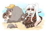 absurdly_long_hair aircraft_carrier_hime akagi_(kantai_collection) alternate_costume blush chibi commentary_request drinking_straw enemy_aircraft_(kantai_collection) eyewear_on_head fang hat hiding jacket kaga_(kantai_collection) kantai_collection long_hair multiple_girls open_clothes open_jacket rebecca_(keinelove) shinkaisei-kan sitting sparkle straw_hat sunglasses sweat thighhighs very_long_hair 