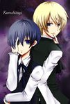  alois_trancy black_hair blonde_hair blue_eyes ciel_phantomhive eyepatch kuroshitsuji short_hair smile suit 