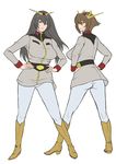  alternate_costume ass beige_footwear belt black_hair boots breasts brown_eyes brown_hair commentary_request from_behind frown full_body gundam hairband hands_on_hips highres ice_(seriousgraphics) kantai_collection knee_boots kneepits long_hair long_sleeves medium_breasts military military_jacket military_uniform mobile_suit_gundam multiple_girls mutsu_(kantai_collection) nagato_(kantai_collection) outline pants pose short_hair smile taut_clothes unfinished uniform yellow_eyes 