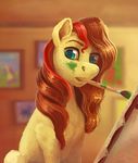  blue_eyes blurred_background detailed_background equine eyebrows fan_character female feral gor1ck hair horse inside looking_at_viewer mammal my_little_pony paintbrush pony red_hair sitting solo 