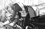  blazblue couple gloves kisaragi_jin monochrome pants ragna_the_bloodedge smile yaoi 