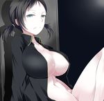  against_wall black_eyes black_hair black_shirt breasts buta_(uhoiiotoko) cleavage closed_mouth collarbone devil_survivor_2 frown kanno_fumi knee_up large_breasts long_sleeves looking_at_viewer megami_ibunroku_devil_survivor naked_shirt navel open_clothes open_shirt shirt short_hair short_twintails sitting solo twintails 