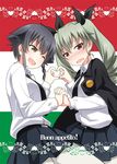  ;d anchovy anzio_school_uniform bangs belt beret black_hair black_skirt blush braid brown_eyes cape cover cover_page doujin_cover dress_shirt drill_hair flag_background girls_und_panzer green_hair hair_ribbon hat heart heart_hands holding_hands italian long_hair long_sleeves looking_at_another looking_at_viewer miniskirt multiple_girls necktie one_eye_closed open_mouth pantyhose pepperoni_(girls_und_panzer) pleated_skirt red_eyes ribbon school_uniform shirt short_hair side_braid skirt smile standing symmetrical_hand_pose twin_drills twintails umekichi wavy_mouth white_legwear white_shirt yuri 