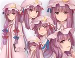  :/ asa_(coco) bangs blue_bow blue_ribbon blunt_bangs blush book bow capelet closed_mouth commentary crescent dress expressions frilled_sleeves frills hair_bow hair_ribbon hat hat_ribbon holding holding_book long_hair looking_at_viewer mob_cap multiple_views nose_blush pajamas pale_face parted_lips patchouli_knowledge purple_eyes purple_hair red_bow red_ribbon ribbon sidelocks smile striped sweat touhou tress_ribbon vertical-striped_dress vertical_stripes very_long_hair 
