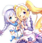  ;d ;o anchor apron biririn_(yossybiririn) blonde_hair blue_eyes blush braid flower_knight_girl heart heart_hands heart_hands_duo heliotrope_(flower_knight_girl) ikarisou_(flower_knight_girl) long_hair maid maid_headdress multiple_girls neck_ribbon one_eye_closed open_mouth purple_eyes ribbon sailor_collar silver_hair smile twin_braids twintails white_background wrist_cuffs 