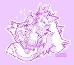  2016 anthro canine clothed clothing digital_media_(artwork) duo eyes_closed face_lick fur hair happy human licking male mammal mcmadmissile monochrome purple_and_white purple_background simple_background smile sparkles tongue tongue_out watermark were werewolf 