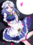  apron bad_id bad_pixiv_id blue_dress blurry bow braid breasts commentary_request depth_of_field dress frilled_dress frills green_bow hair_bow holding holding_knife izayoi_sakuya knife knife_licking licking licking_weapon looking_at_viewer maid maid_apron maid_headdress medium_breasts petals pink_eyes puffy_short_sleeves puffy_sleeves short_sleeves silver_hair solo tongue tongue_out touhou twin_braids you_(noanoamoemoe) 