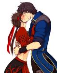  black_hair blush brown_hair couple gloves hairband hug jacket kiss long_hair masamune_date ponytail sanada_yukimura sengoku_basara short_hair skirt smile sweatdrop uniform yaoi 