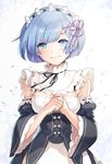  bad_id bad_pixiv_id blue_eyes blue_hair detached_sleeves hair_ornament hair_ribbon looking_at_viewer maid maid_headdress nagu pink_ribbon re:zero_kara_hajimeru_isekai_seikatsu rem_(re:zero) ribbon short_hair solo x_hair_ornament 