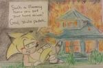  building chris-chan clothing english_text fire gloves house outside solo sonic_(series) sonichu text traditional_media_(artwork) 