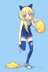  alternate_costume animal_ears blonde_hair blue_background blue_eyes blue_hairband blue_legwear blue_skirt blush breasts carla_j_luksic cat_ears cheerleader d: eyebrows eyebrows_visible_through_hair fake_animal_ears fang full_body hairband highres long_hair looking_down low_twintails makaze_(t-junction) miniskirt noble_witches number open_mouth pleated_skirt pom_poms putting_on_shoes shoes simple_background skirt sleeveless small_breasts solo standing standing_on_one_leg thighhighs twintails untied_shoe white_footwear world_witches_series zettai_ryouiki 