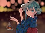  alternate_costume alternate_hairstyle bad_id bad_pixiv_id blue_eyes blurry bokeh braid commentary_request depth_of_field fish fox_mask french_braid green_hair hair_ornament hairclip highres japanese_clothes jewelry kanikou kantai_collection kimono long_hair looking_at_viewer mask ring smile solo suzuya_(kantai_collection) wedding_band yukata 