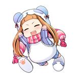  animal_costume arms_up bad_id bad_nicoseiga_id bangs blunt_bangs blush brown_hair chibi closed_eyes cosplay ichihara_nina idolmaster idolmaster_cinderella_girls kigurumi long_hair onion_(lemlaml) open_mouth panda_costume scarf shoes_removed smile solo striped striped_scarf 