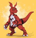  biped digimon feral guilmon male rotarr scalie simple_background smile solo standing 