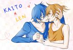  2boys artist_request bare_shoulders blonde_hair blue_eyes blue_hair blush character_name collarbone eyes_closed heart incipient_kiss kagamine_len kaito looking_at_another male_focus multiple_boys neck parted_lips short_hair smile upper_body vocaloid yaoi 