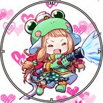  animal_costume bangs blunt_bangs blush boots brown_hair chibi closed_eyes cosplay fang frog_costume gloves hair_ribbon hat helmet hose ichihara_nina idolmaster idolmaster_cinderella_girls kigurumi kingin long_hair open_mouth ribbon smile solo water 