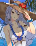  adjusting_clothes adjusting_hat animal_ears armband bare_shoulders bracelet breasts brown_eyes cleavage cloud day ears_through_headwear erune flower granblue_fantasy hair_between_eyes hand_on_headwear hat hat_flower heles highres jewelry kou_v05first large_breasts open_mouth outdoors palm_tree silver_hair sky solo sun_hat swimsuit tree upper_body water 