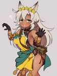  animal_ears black_gloves blush breasts cat_ears cowboy_shot dark_skin erune fang gloves granblue_fantasy green_eyes haniwagi_(hal) heart large_breasts long_hair looking_at_viewer nemone open_mouth simple_background smile solo 