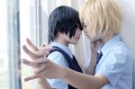  black_hair blonde_hair cosplay couple hand_holding sakiyama_youji seifuku shironuma_tetsuo smile sweet_pool tie yaoi 