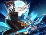  aerosmith_(stand) artist_name black_hair blurry choker city depth_of_field dutch_angle full_moon hairband highres jojo_no_kimyou_na_bouken male_focus moon narancia_ghirga open_mouth seta_makoto sky smile solo stand_(jojo) star_(sky) starry_sky wristband yellow_eyes 