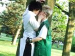  amano_ginji black_hair blonde_hair cosplay couple getbackers hug kiss midou_ban pants short_hair sunglasses tree yaoi 