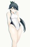  black_hair blue_eyes competition_swimsuit embarrassed flying_sweatdrops houshou_(kantai_collection) kantai_collection long_hair one-piece_swimsuit ponytail solo souji standing swimsuit 
