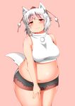  :3 adapted_costume animal_ears bangs bare_arms belly big_belly blush breasts come_hither cowboy_shot crop_top eyebrows eyebrows_visible_through_hair fang fang_out fat fat_folds gradient_hair hand_on_own_thigh hat head_tilt highres hips inubashiri_momiji large_breasts looking_at_viewer medium_breasts microskirt multicolored_hair navel pink_background pom_pom_(clothes) red_eyes seductive_smile shiny shiny_hair shiny_skin shirt shishi_juuroku short_eyebrows short_hair silver_hair simple_background skirt sleeveless sleeveless_shirt smile solo stomach tail thick_eyebrows thick_thighs thighs tokin_hat touhou white_hair white_shirt wolf_ears wolf_tail 
