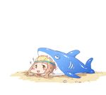  animal_costume bangs blunt_bangs blush blush_stickers brown_eyes brown_hair chibi cosplay ichihara_nina idolmaster idolmaster_cinderella_girls imazon kigurumi long_hair lying on_stomach open_mouth shark shark_costume smile solo swim_cap 