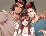  :d ;) beard bow bracelet brown_hair collarbone colorized d.va_(overwatch) disneyland facepaint facial_hair furrowed_eyebrows goatee grey_background grey_eyes grin hair_bow hanzo_(overwatch) il_(ieru1826) jewelry kkangcheol long_hair mccree_(overwatch) multiple_boys mustache necklace one_eye_closed open_mouth overwatch polka_dot polka_dot_bow ponytail pose self_shot serious shirt simple_background smile sweatdrop teeth upper_body v w whisker_markings 