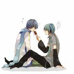  blue_hair blush genderswap hatsune_mikuo headphones ice_cream kaito male_focus nail_polish pants scarf sweat tie tongue vocaloid 