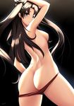  alternate_costume arm_up armpits ass back bikini black_background black_hair black_ribbon blue_eyes breasts closed_mouth cowboy_shot fate/stay_night fate_(series) from_behind hair_ribbon highres long_hair looking_at_viewer looking_back nipples red_bikini ribbon small_breasts smile solo swimsuit tony_guisado toosaka_rin topless two_side_up 