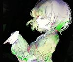  anabone bangs black_background blonde_hair commentary_request green_eyes half-closed_eyes hand_gesture long_sleeves mizuhashi_parsee open_mouth pointy_ears protected_link ribbon shirt short_hair simple_background solo touhou 