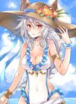  animal_ears arm_at_side braid breasts cloud cloudy_sky day ears_through_headwear erune flower frills granblue_fantasy hair_between_eyes hair_intakes hair_tubes hairband hat hat_flower heles large_breasts long_hair looking_at_viewer mikipa one-piece_swimsuit parted_lips sarong shiny shiny_skin silver_hair single_braid sky solo straw_hat sun_hat swimsuit very_long_hair white_swimsuit yellow_eyes 