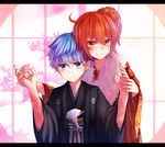  1boy 1girl blue_eyes blue_hair blush caster_(fate/extra_ccc) child closed_mouth fate/grand_order fate_(series) female_protagonist_(fate/grand_order) fur hand_holding height_difference japanese_clothes kimono letterboxed orange_hair size_difference smile sweatdrop teenage_girl_and_younger_boy traditional_clothes upper_body yellow_eyes yozakura 