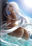  absurdly_long_hair arched_back artist_request ass black_sclera breasts cowboy_shot dark_skin day doppel_(monster_musume) doppelganger from_behind hair_censor hand_on_hip highres lens_flare long_hair monster_musume_no_iru_nichijou non-web_source nude outdoors parted_lips partially_submerged prehensile_hair small_breasts smile solo sunlight very_long_hair water white_hair yellow_eyes 