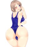  1girl artist_request ass bare_shoulders blue_eyes blush breasts brown_hair from_behind huge_ass large_breasts looking_at_viewer love_live! love_live!_sunshine!! one-piece_swimsuit one_eye_closed open_mouth school_swimsuit shiny shiny_clothes shiny_hair shiny_skin short_hair sideboob simple_background smile solo swimsuit watanabe_you white_background 