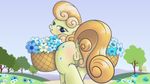  2016 anus basket bluemeganium blush butt cutie_mark earth_pony equine female feral flower friendship_is_magic green_eyes hair hi_res horse junebug_(mlp) landscape looking_at_viewer looking_back mammal multicolored_hair my_little_pony nature orange_hair outside plant pony pussy sky smile solo tree two_tone_hair 