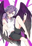 1boy ahoge angel_wings barefoot black_wings chitosemaru hair_over_one_eye hataraku_maou-sama! knee_up looking_at_viewer male_focus monster_boy open_mouth outstretched_arm purple_eyes purple_hair shorts simple_background sitting smile solo t-shirt urushihara_hanzou wings 