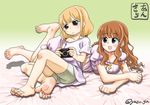  :3 bare_legs barefoot blonde_hair blush breasts brown_eyes brown_hair cleavage collarbone feet futaba_anzu handheld_game_console highres idolmaster idolmaster_cinderella_girls legs long_hair low_twintails lying moroboshi_kirari multiple_girls on_stomach playing_games playstation_portable shorts sitting smile soles toes twintails wavy_hair yuzu_gin_(pika97) 