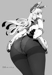  ass ass_focus bangs blunt_bangs blush cameltoe cowboy_shot crotch_seam derauea foreshortening from_behind gloves greyscale headgear highres kantai_collection long_hair looking_at_viewer monochrome murakumo_(kantai_collection) panties panties_under_pantyhose pantyhose remodel_(kantai_collection) simple_background solo thighband_pantyhose twitter_username underwear 