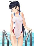  ahoge black_eyes black_hair breasts competition_swimsuit covered_navel covered_nipples katatsuka_kouji long_hair medium_breasts one-piece_swimsuit original ponytail pool_ladder see-through solo standing swimsuit water 