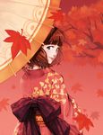  autumn autumn_leaves bangs blunt_bangs bow branch brown_hair floral_print ginkgo_leaf japanese_clothes kimono leaf light_smile looking_back maple_leaf mr.c_(bchana) oriental_umbrella original red red_background red_bow short_hair solo tree umbrella 