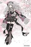  1girl artist_name blunt_bangs cherry_blossoms detached_sleeves eri_kamijo floral_print flower frills full_body hair_ribbon looking_at_viewer obi original pink pink_eyes ribbon skirt smile solo thighhighs wa_lolita white_hair 