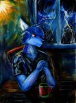  2016 acrylic anthro blue_fur canine cup fur jaggerknife lightning male mammal night portrait sitting solo window 
