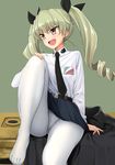  :d anchovy anzio_school_uniform belt black_skirt blush cape_removed crotch_seam derauea dress_shirt drill_hair girls_und_panzer green_hair hair_ribbon highres long_hair necktie no_shoes open_mouth panties panties_under_pantyhose pantyhose pantyshot pantyshot_(sitting) red_eyes ribbon shirt simple_background sitting skirt smile solo twin_drills twintails underwear uniform white_legwear 