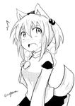  alternate_hairstyle animal_ears breasts detached_sleeves greyscale hair_bobbles hair_ornament hat inubashiri_momiji medium_breasts monochrome open_mouth pom_pom_(clothes) short_hair signature simple_background solo tail taurine_8000mg tokin_hat touhou twintails white_background wolf_ears wolf_tail 